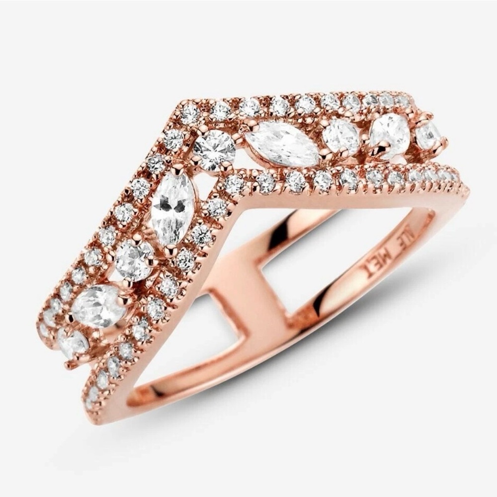 New Pandora Rose Sparkling Marquise Double Wishbone Ring
